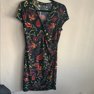 Jones New York Black Dress with Red and Yellow Paisley